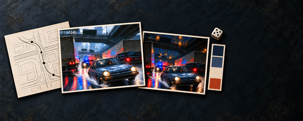 A wide arrangement of day and night car-chase scene cards, a route map, four colour swatches and one ivory die.